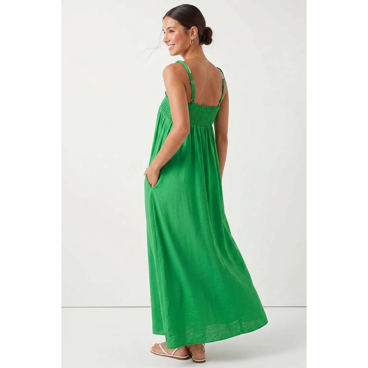 Cord Detail Smocking Maxi Dress: Peridot / L