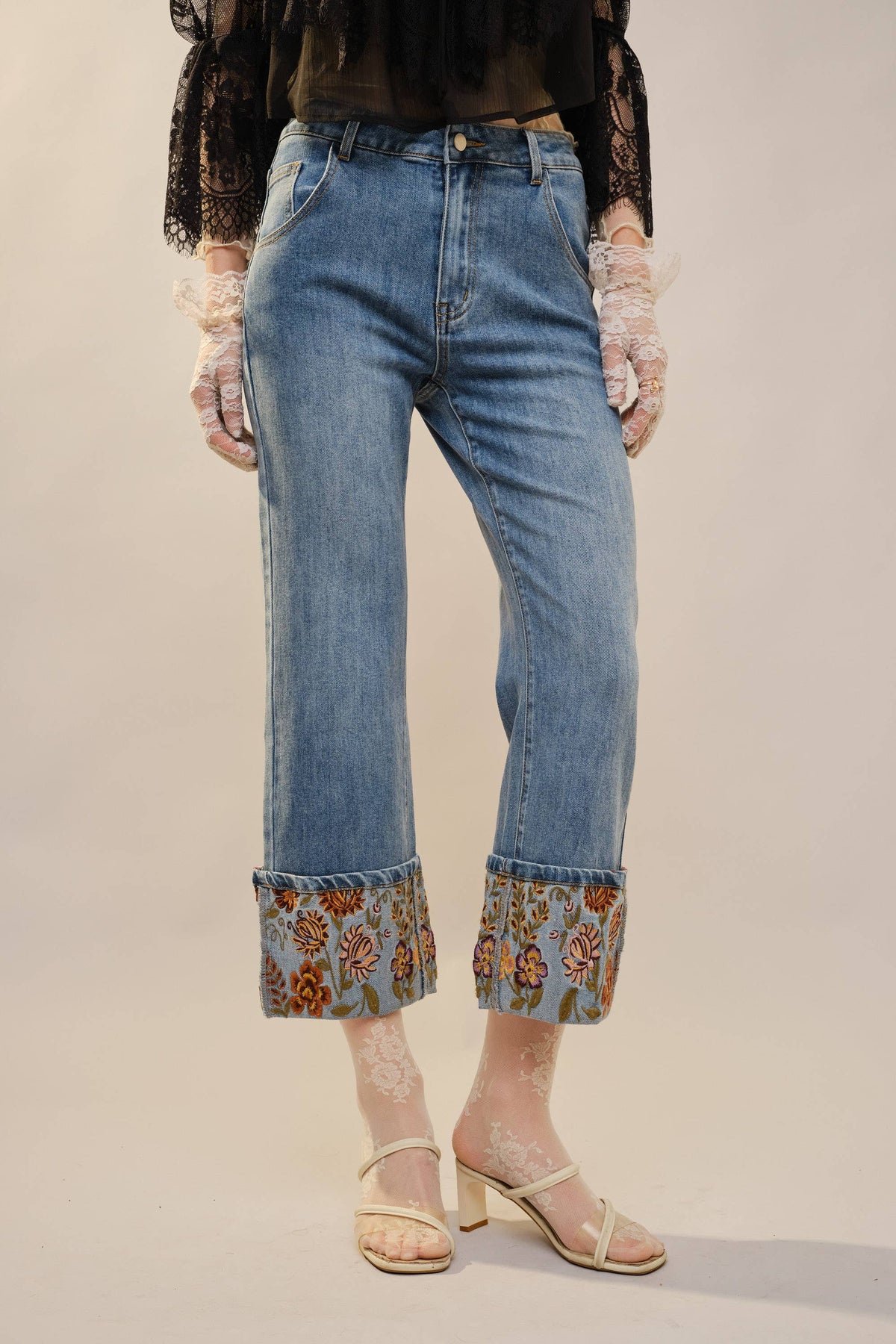 Fall Floral Embroidered Cuffed Jeans – High Rise Cropped Denim