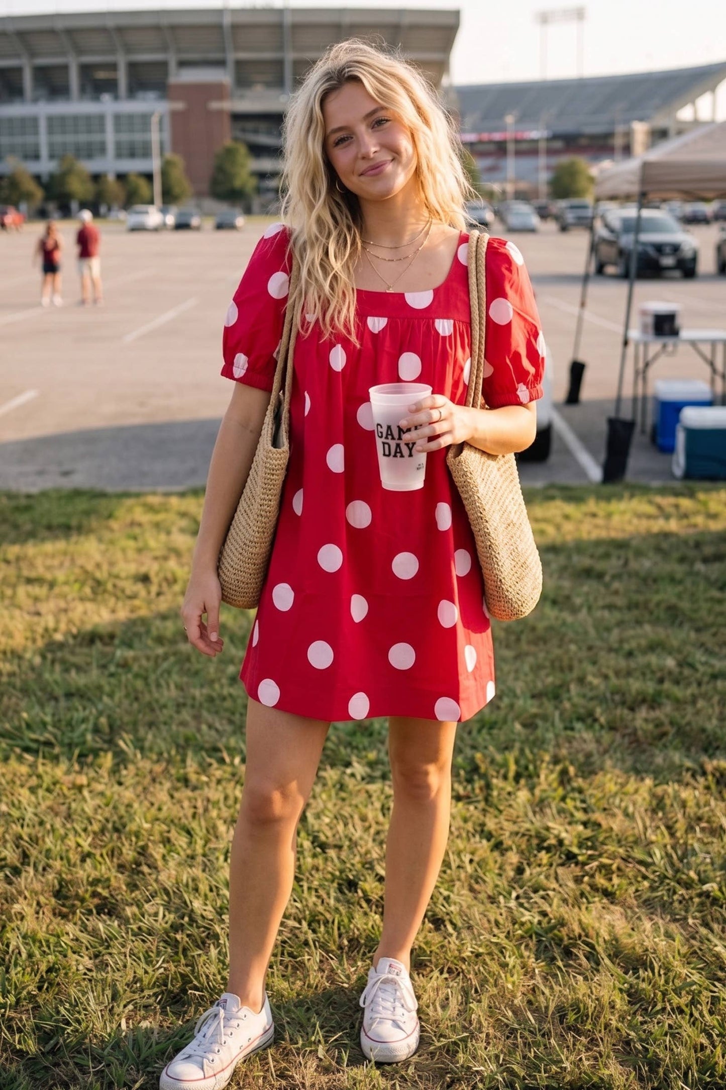Gameday Polka Dot Puff Sleeve Dress: RED/BLACK / L