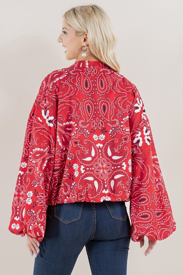 Red Paisley Tie-Front Cropped Jacket