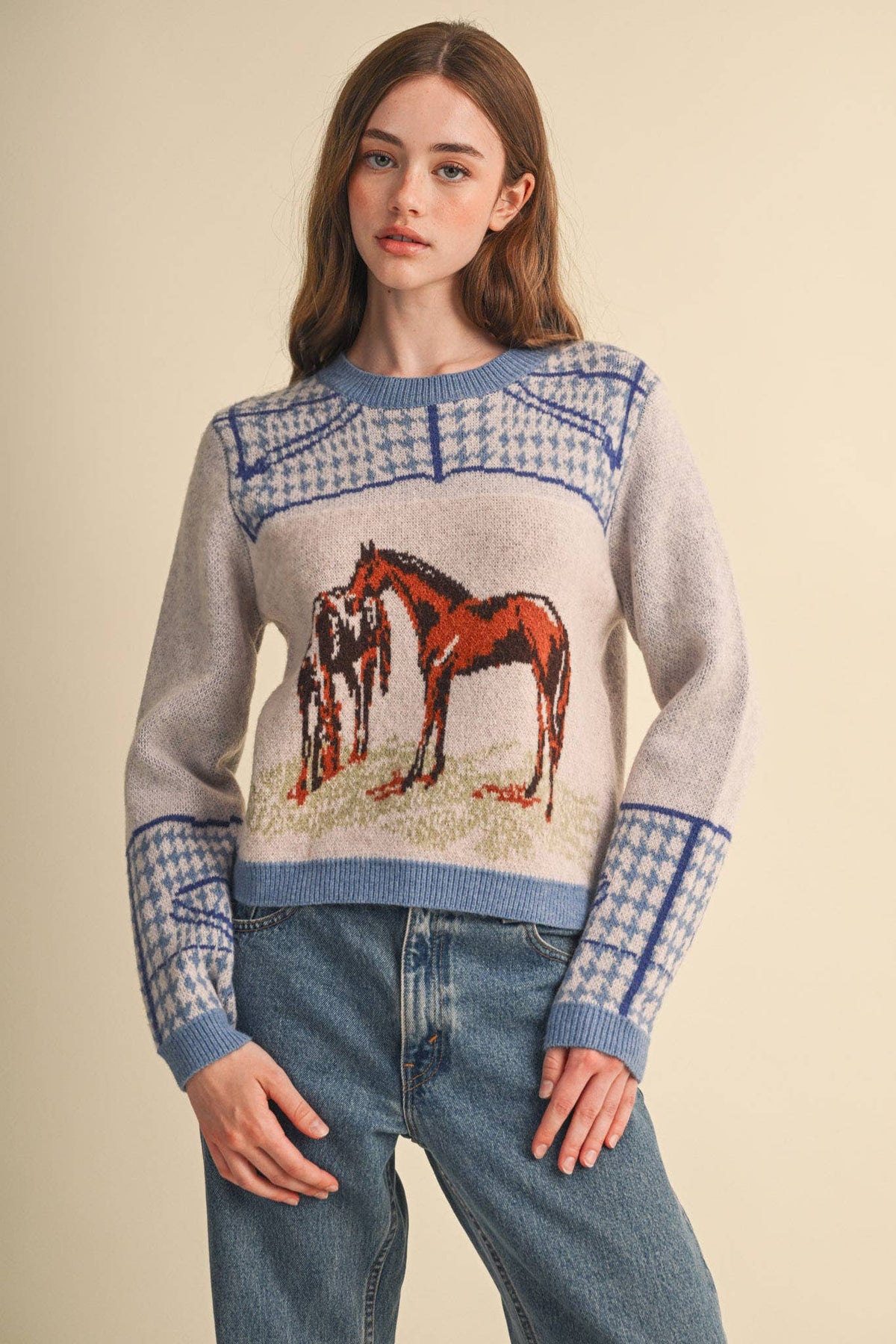 Dusty Blue Horse Motif Houndstooth Knit Sweater
