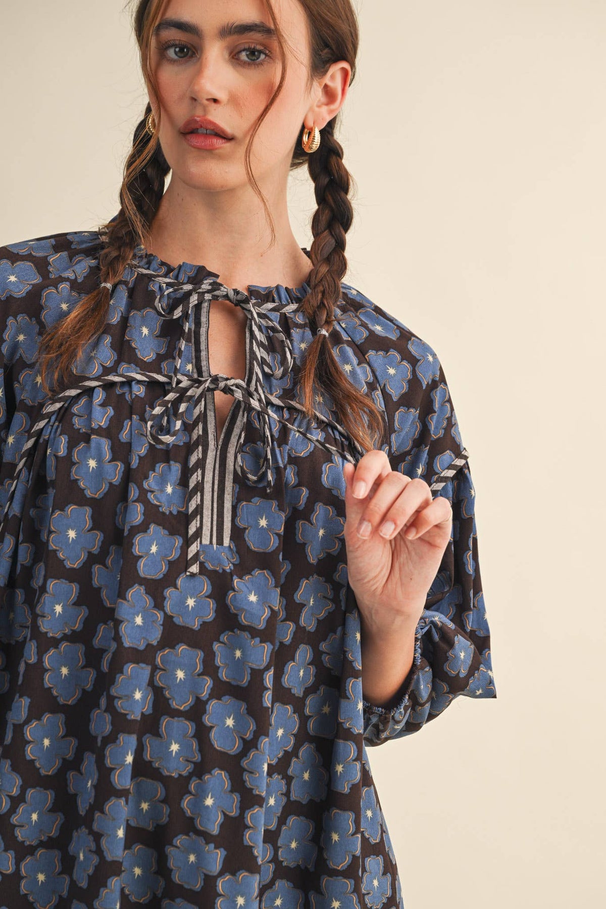 Brown & Blue Floral Tie-Neck Mini Shift Dress