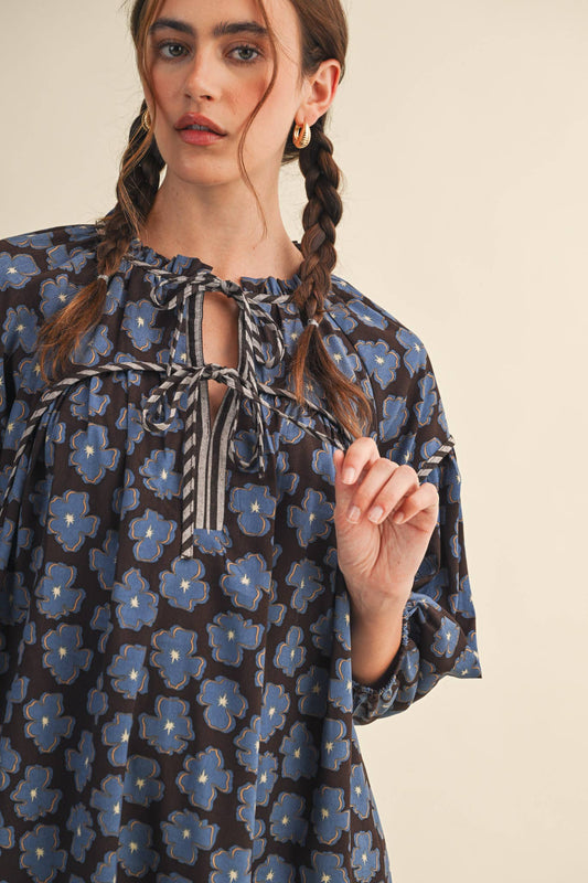 Brown & Blue Floral Tie-Neck Mini Shift Dress