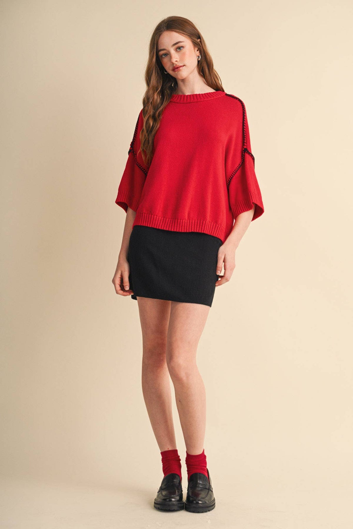 Red & Black Blanket Stitch Short Sleeve Sweater