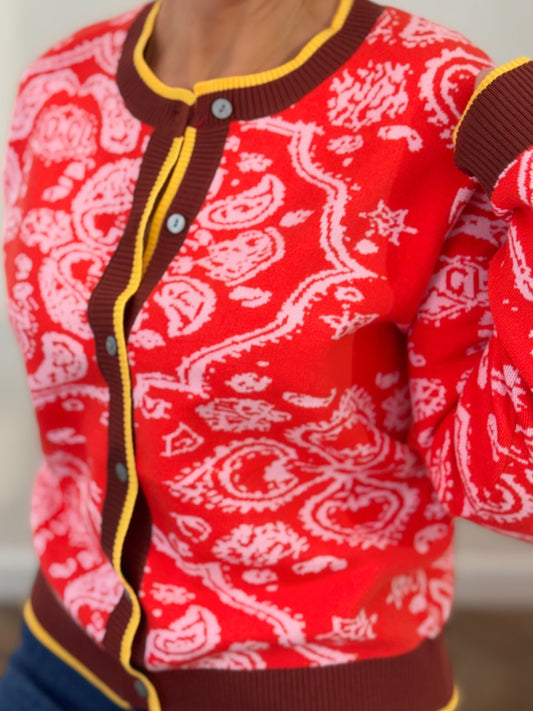 Poppy Red Paisley Knit Button-Down Cardigan Sweater
