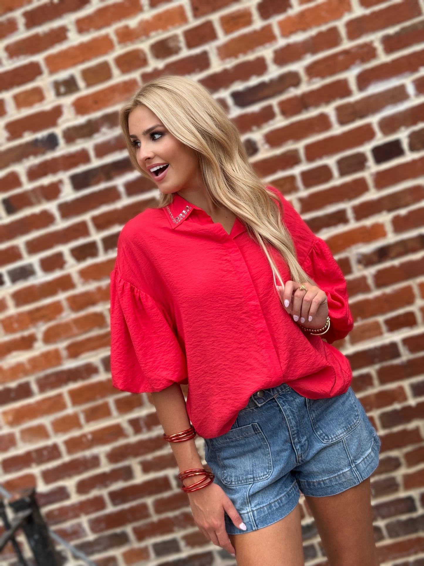 Too Too Hot Red Spark Rhinestone-Collar Blouse