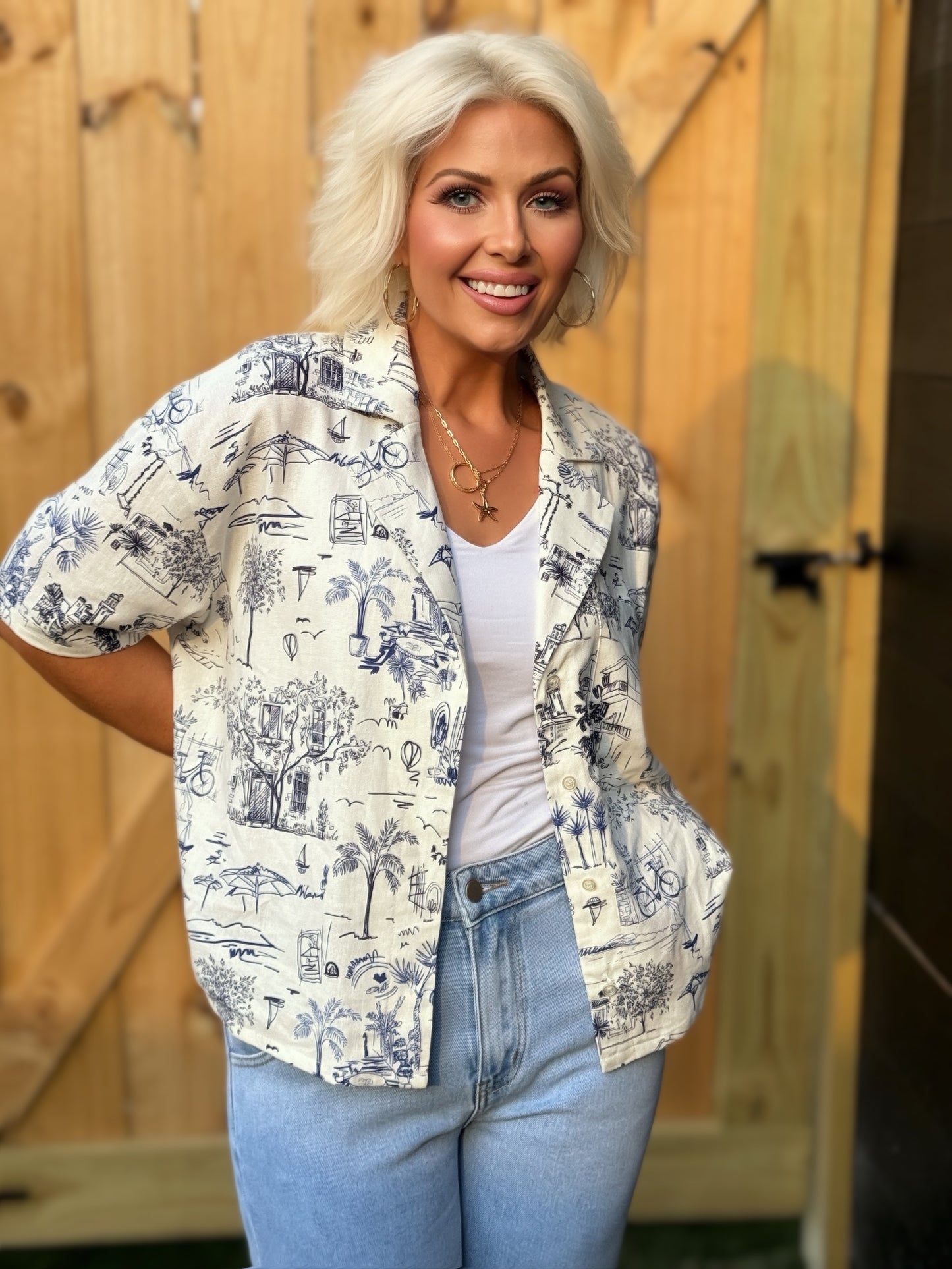 Chemise boutonnée en lin imprimé | Blouse femme fluide à manches courtes | Haut d'été léger | Chemise de vacances coupe décontractée