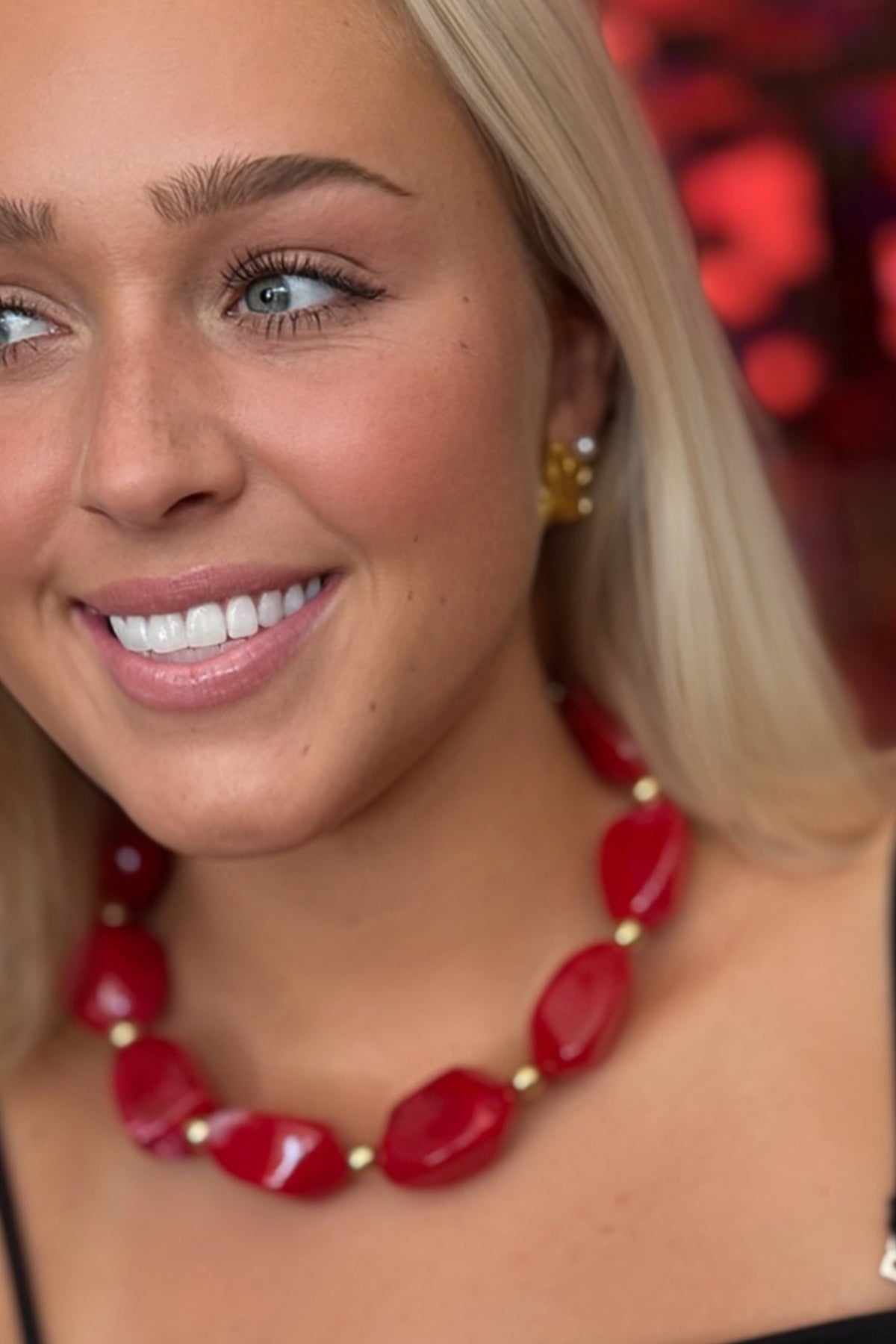 She's Spicy: Red Marble Pebble & Gold Ball Statement Necklace
