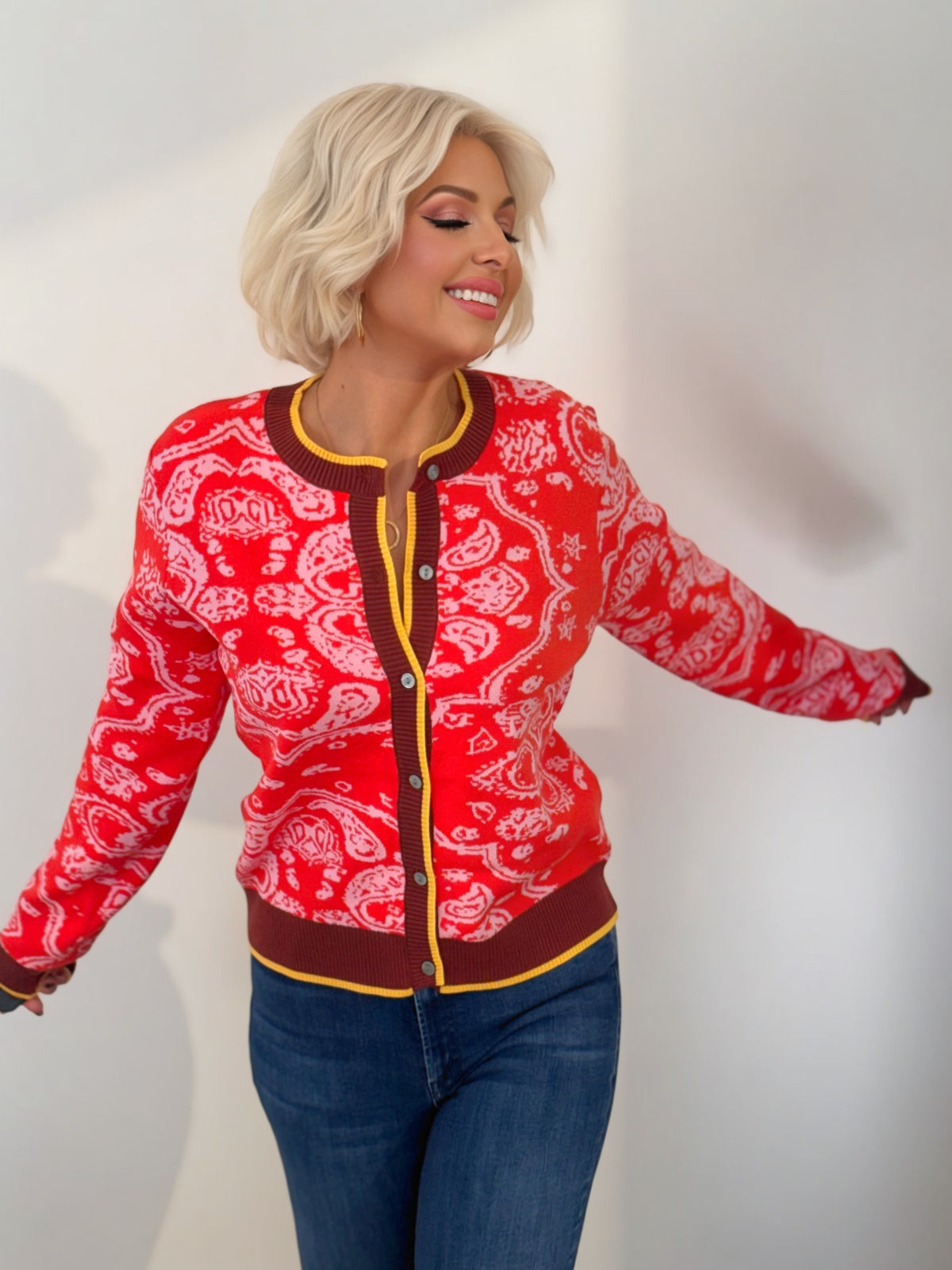Poppy Red Paisley Knit Button-Down Cardigan Sweater