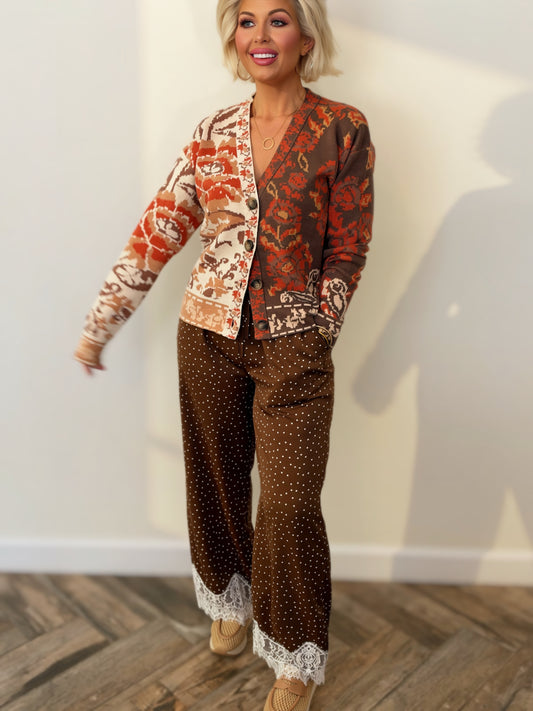 Satin Polka Dot Wide Leg Pants with Lace Trim – Chocolate Brown