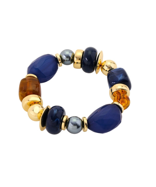  Navy blue and amber marbled nugget bead stretch bracelet with glossy gray beads and gold-tone metal accents.