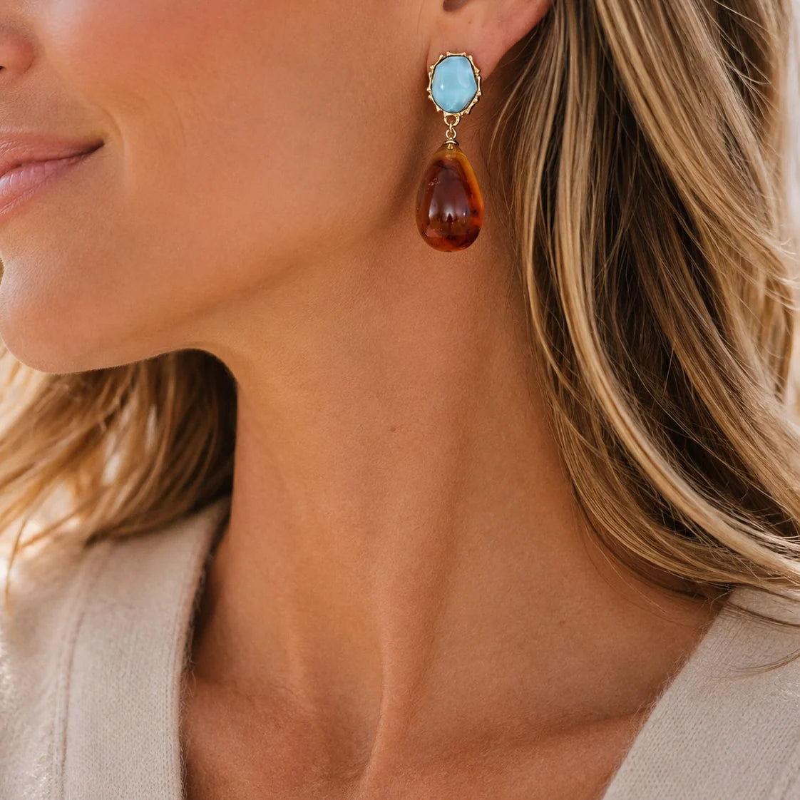 Aqua & Tortoise Resin Teardrop Statement Earrings