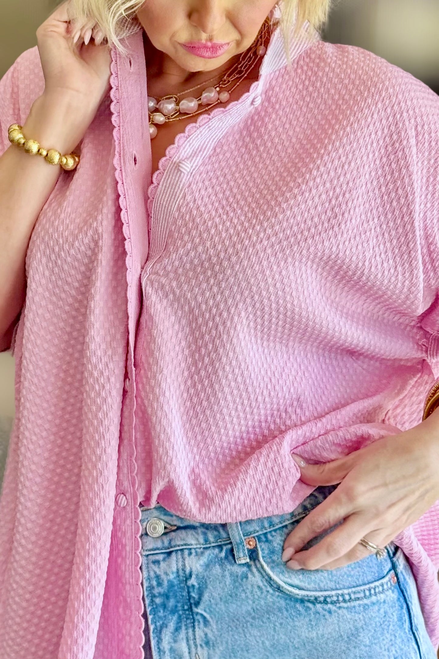 Bloom & Swoon Peony Powder Pink Textured Jacquard Top