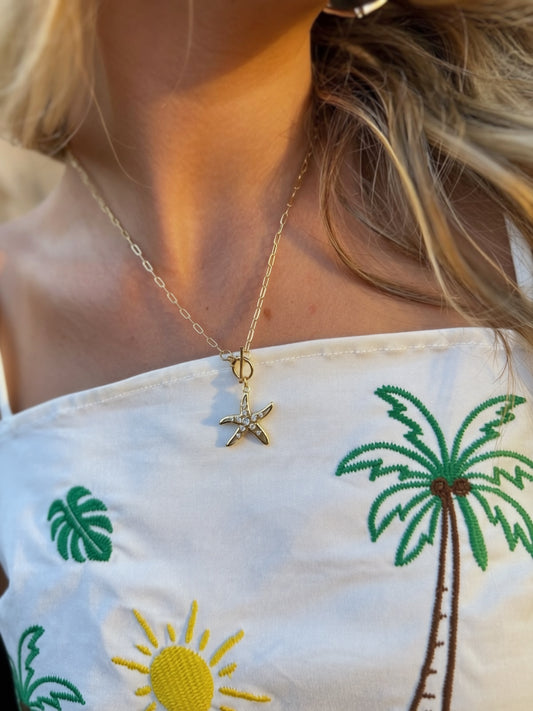 Gold Starfish Toggle Necklace | Coastal Beach Pendant Necklace | Paperclip Chain CZ Starfish Jewelry | 18K Gold Plated Statement Necklace
