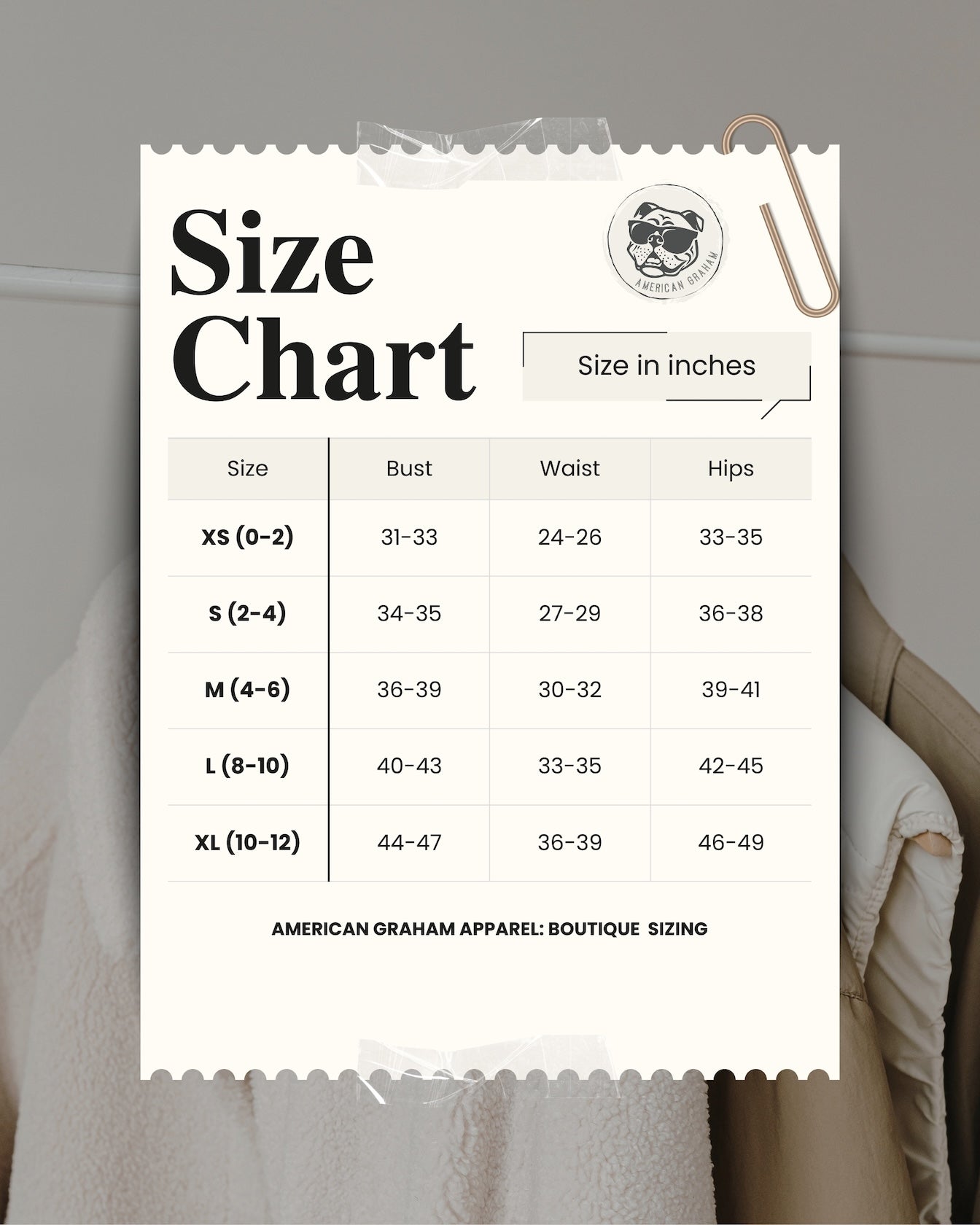 Size chart for American Graham Apparel clothing on a gray background