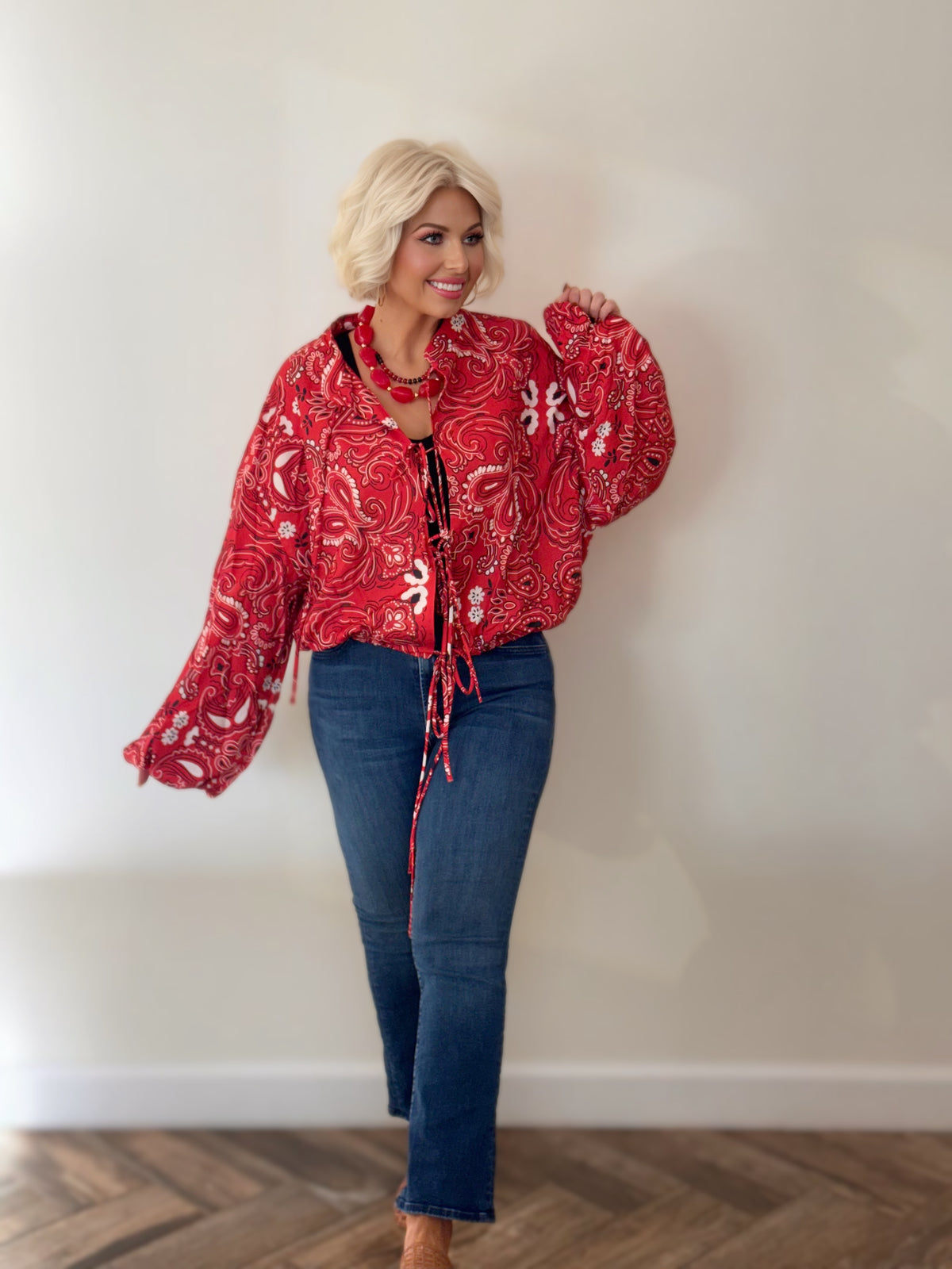 Red Paisley Tie-Front Cropped Jacket