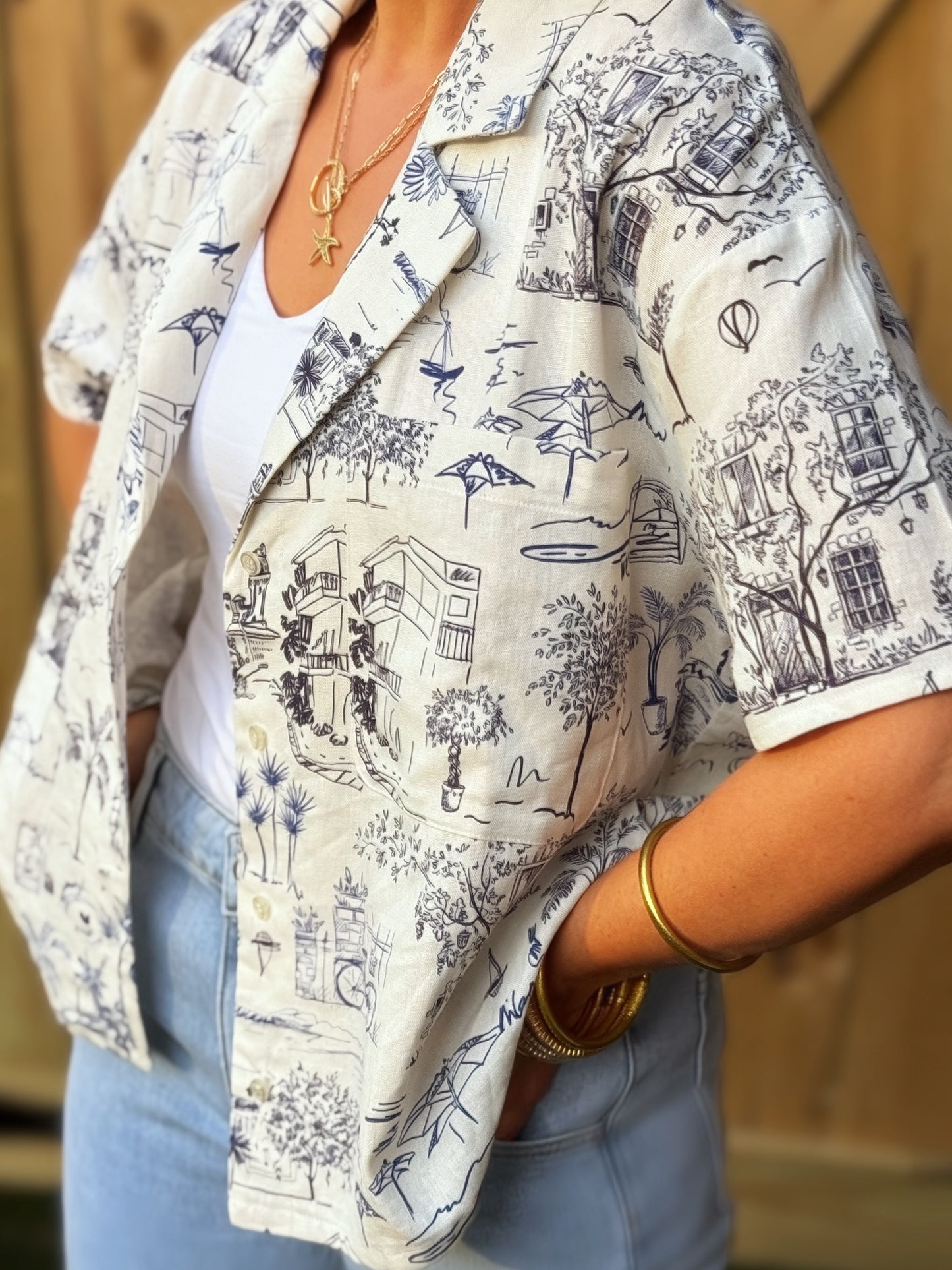 Chemise boutonnée en lin imprimé | Blouse femme fluide à manches courtes | Haut d'été léger | Chemise de vacances coupe décontractée