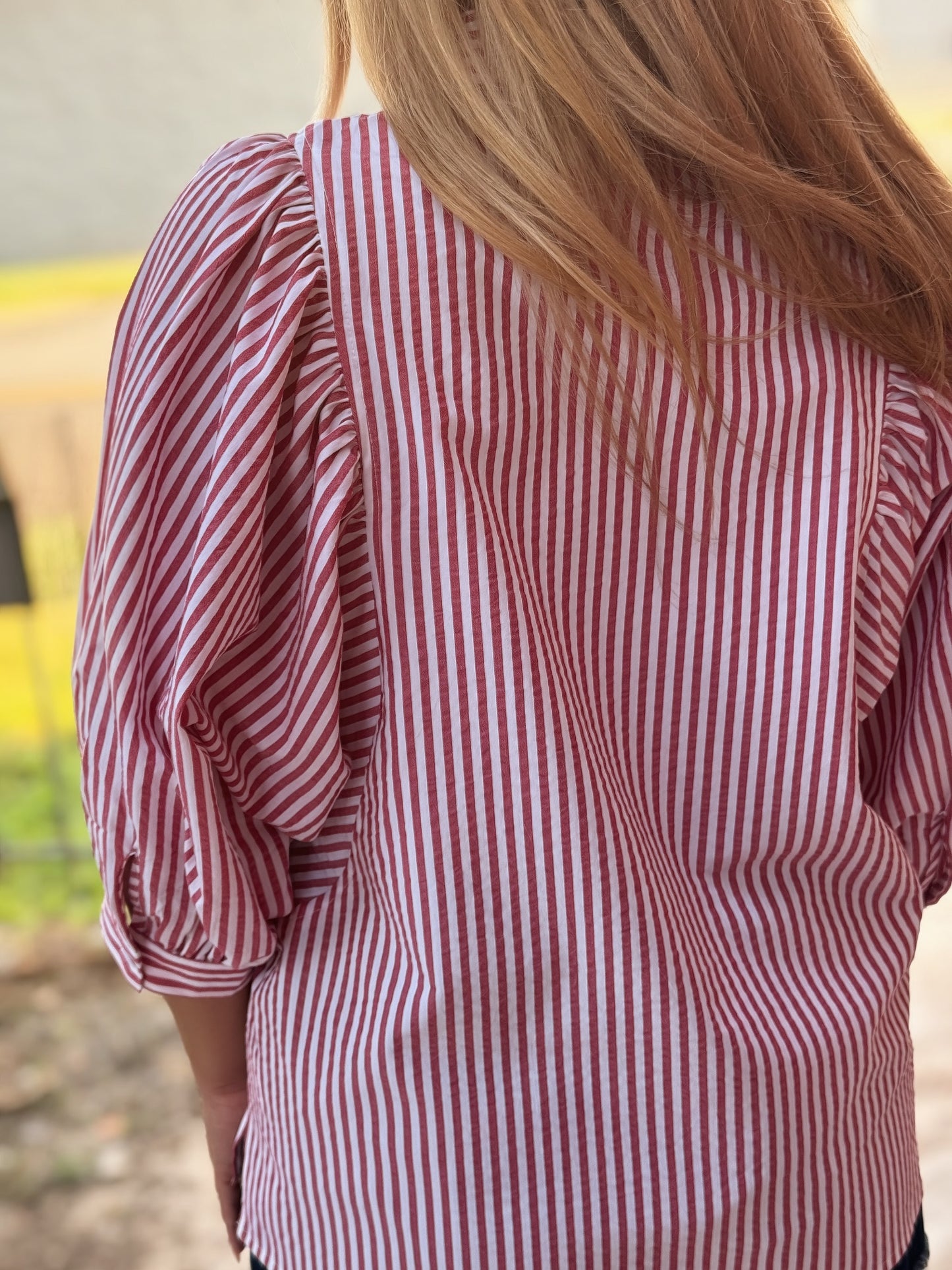 Crimson Charm Striped Puff-Sleeve Blouse