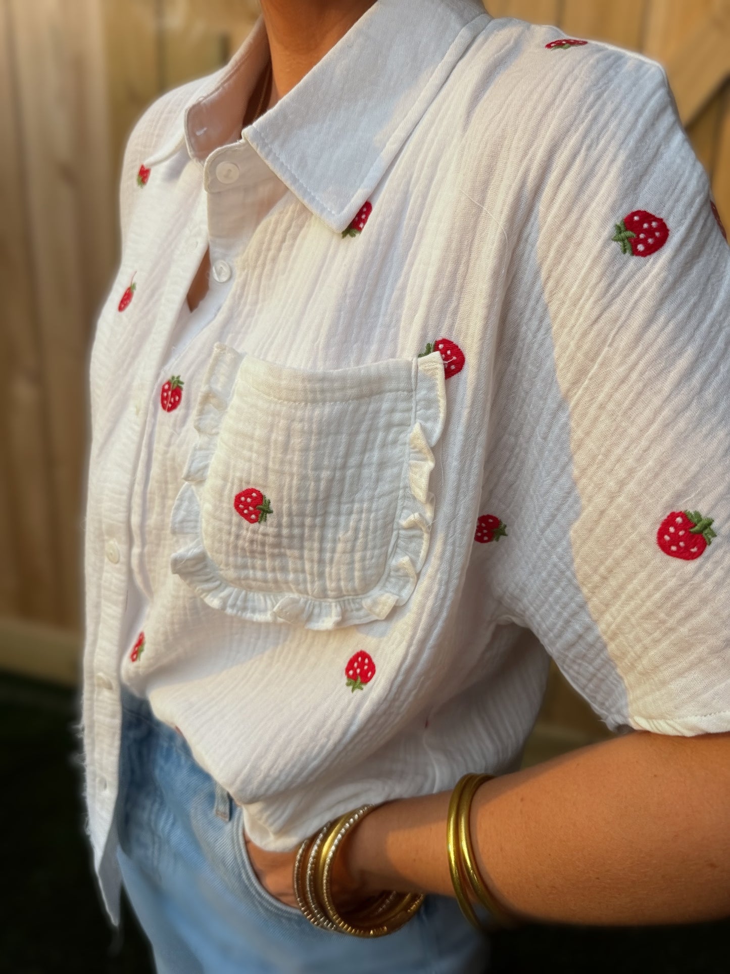 NT12582-Fruchtstickerei Oversized Gaze Hemd Top: ERDBEERE / S-M-L/2-2-2