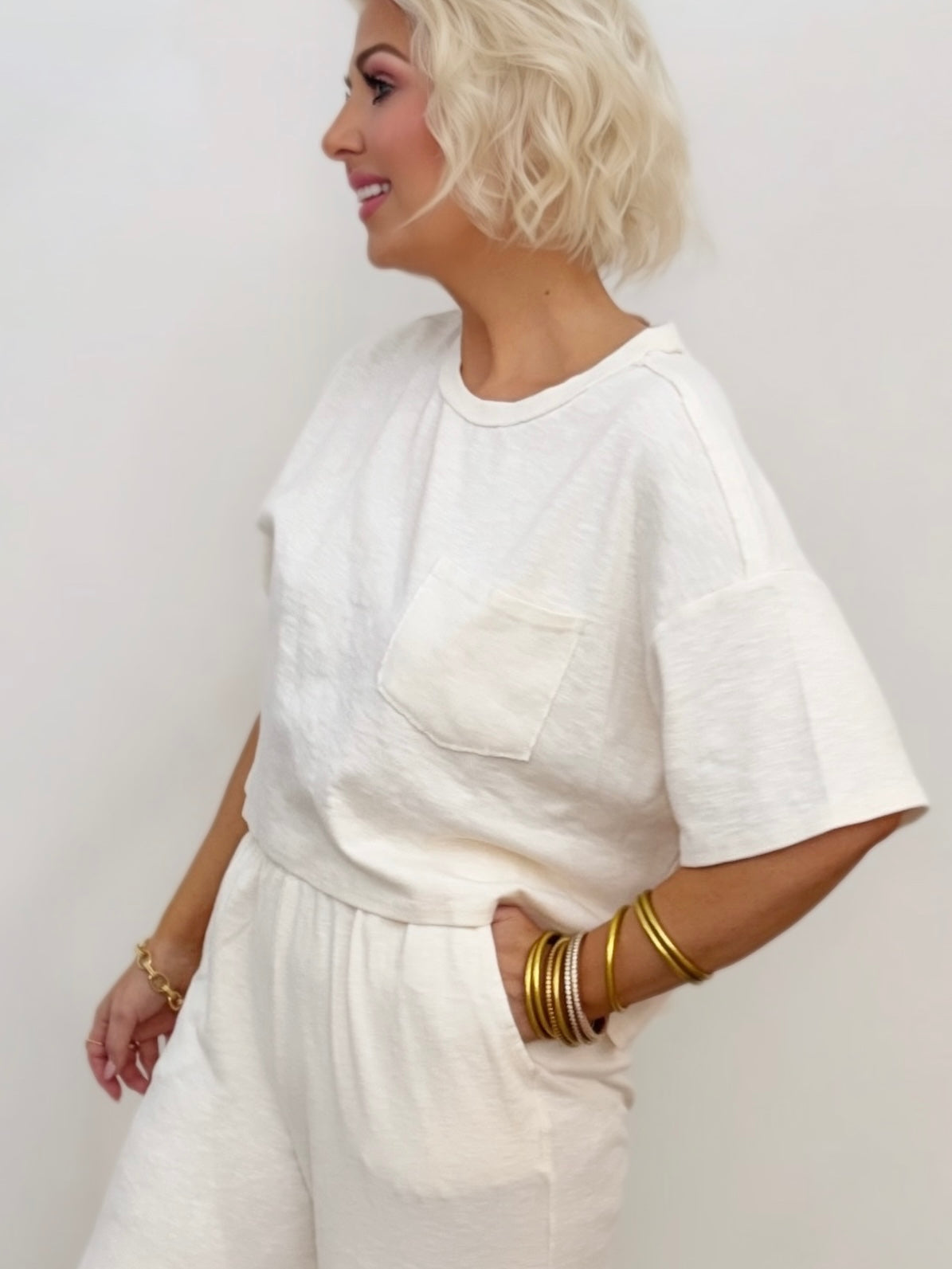 Cream Relaxed Crop Tee | Boxy Pocket T-Shirt | Matching Set Top