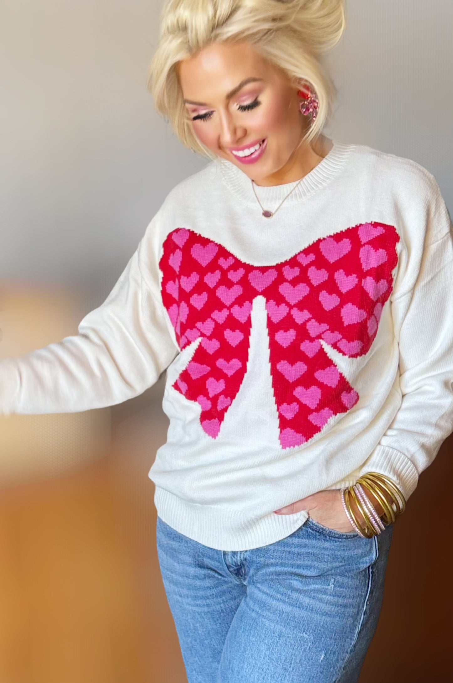 Cupid Approved Valentines Heart Bow Graphic Long Sleeve Knit Sweater