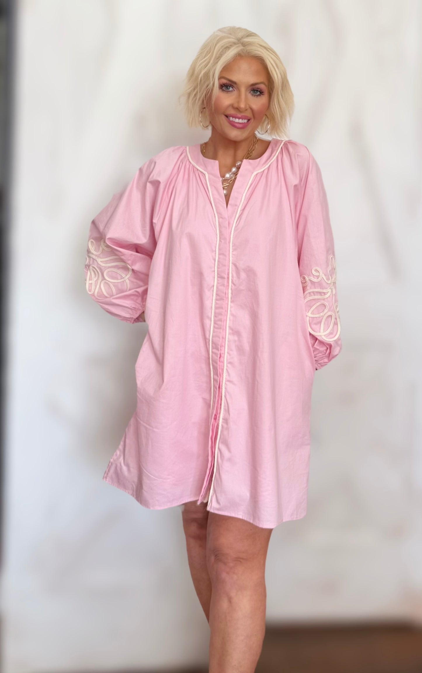 The Sunday Brunch Embroidered Sleeve Baby Doll Button Down Mini Dress