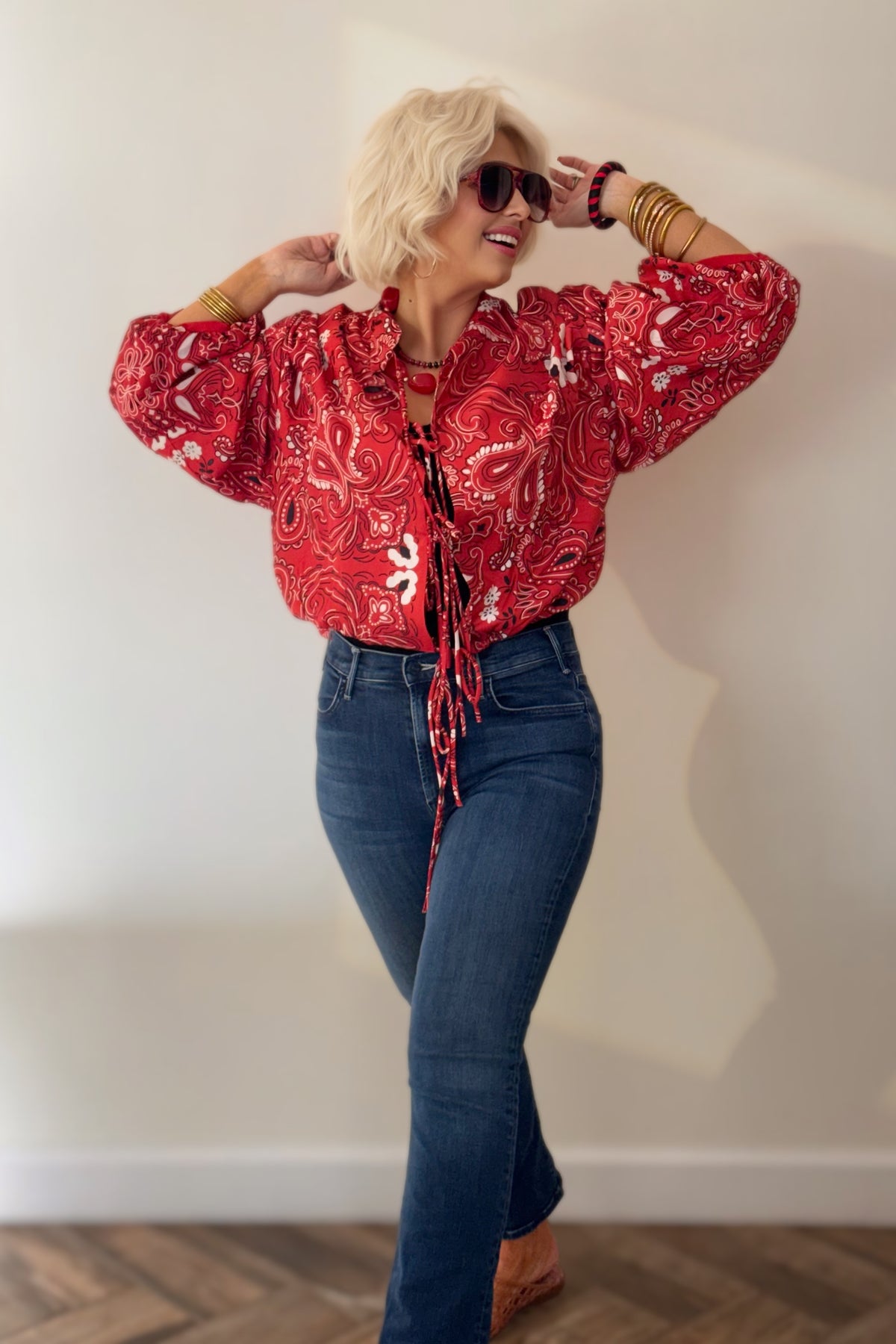 Red Paisley Tie-Front Cropped Jacket