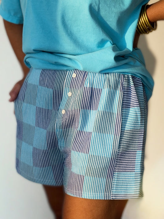 Blue Pastel Plaid Boxer Shorts for Women | Crinkle Cotton Lounge Shorts with Pockets