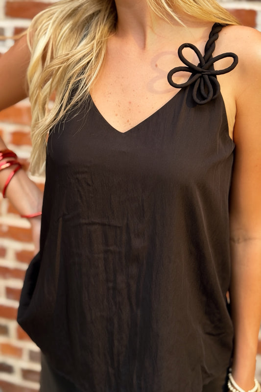 Lightweight Breezy Black Twisted Flower Tank Top