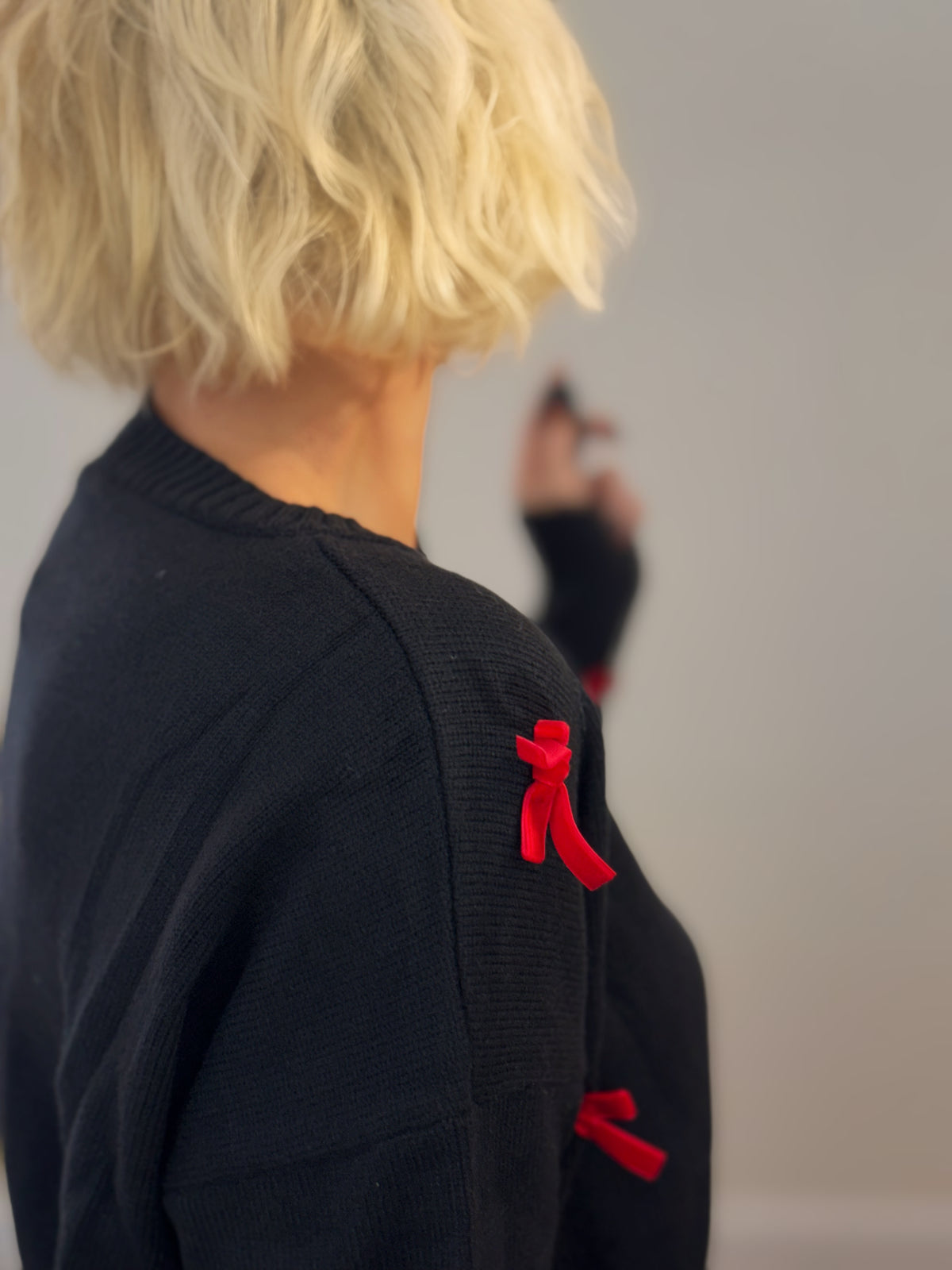 Black Sweater with Red Velvet Ribbon Bows