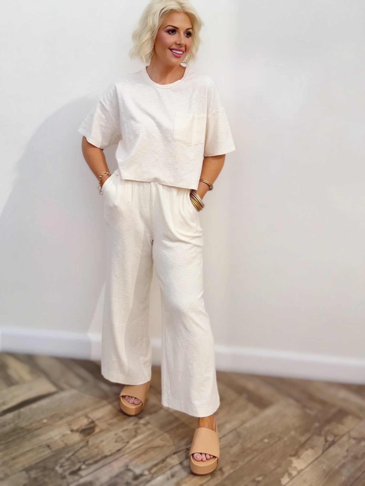 Cream Wide-Leg Lounge Pants | Elastic Waist Relaxed Fit Pants