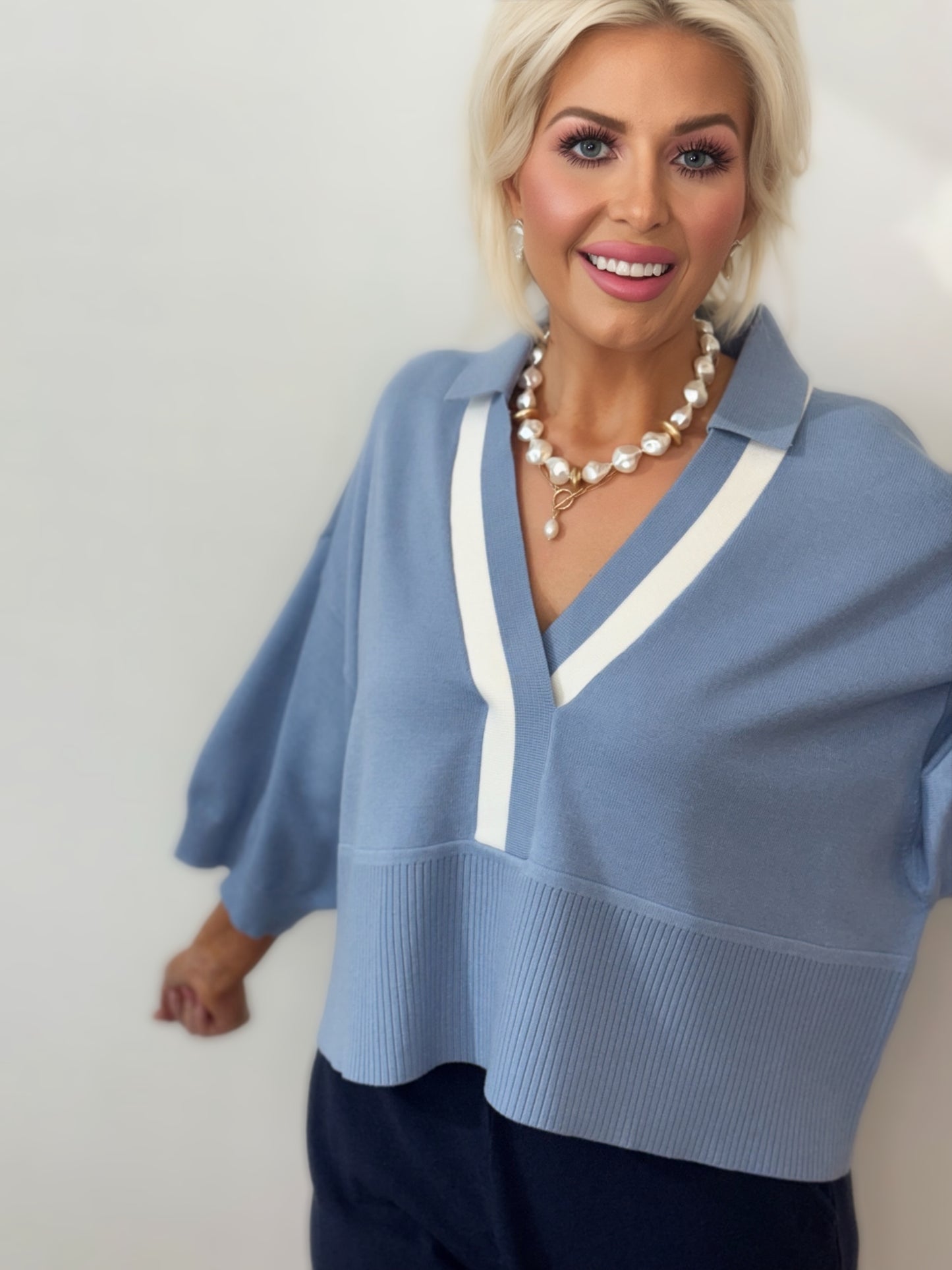 Cloud Blue Varsity Stripe Collared Sweater
