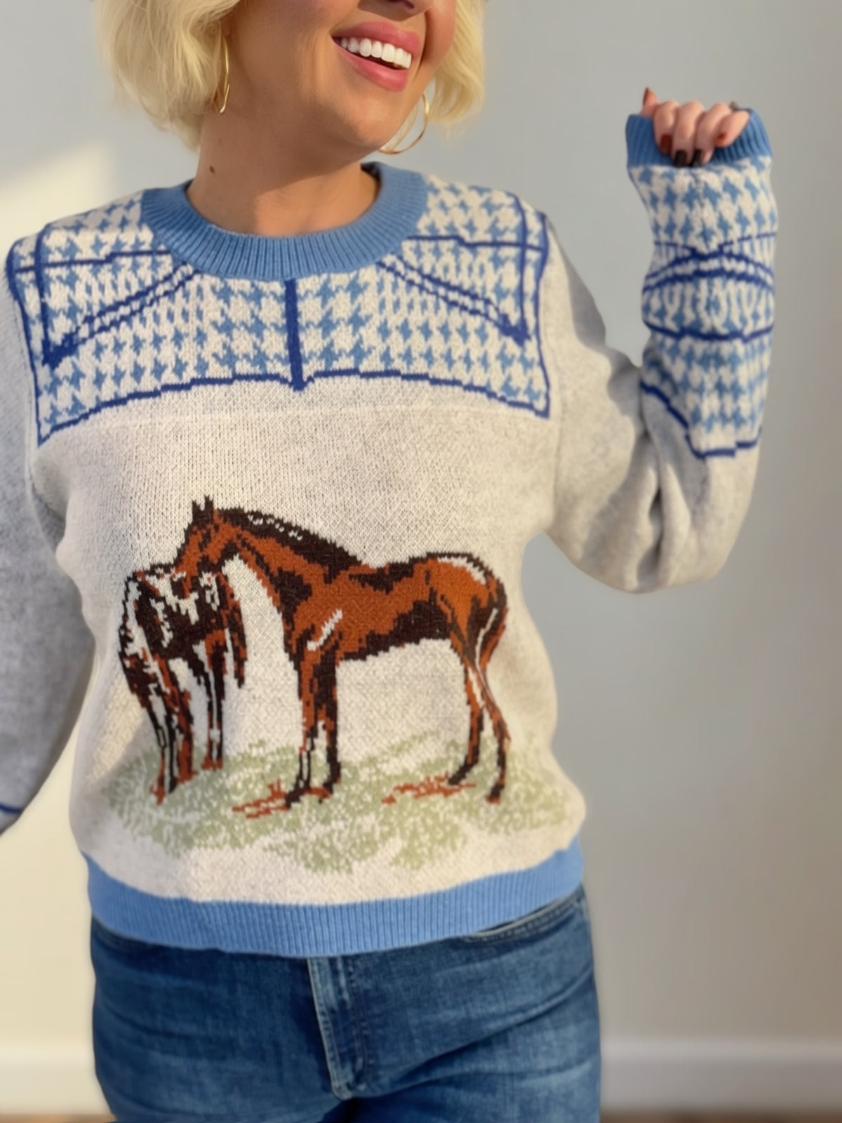 Dusty Blue Horse Motif Houndstooth Knit Sweater