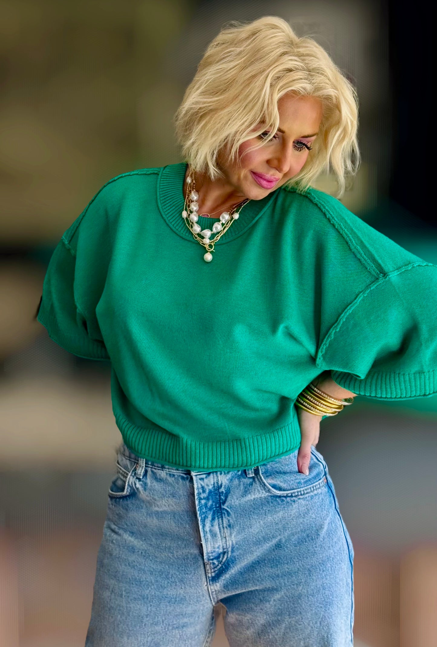 Lawn & Love: Relaxed Fit Round Neck Short Sleeve Kelly Green Knit Top
