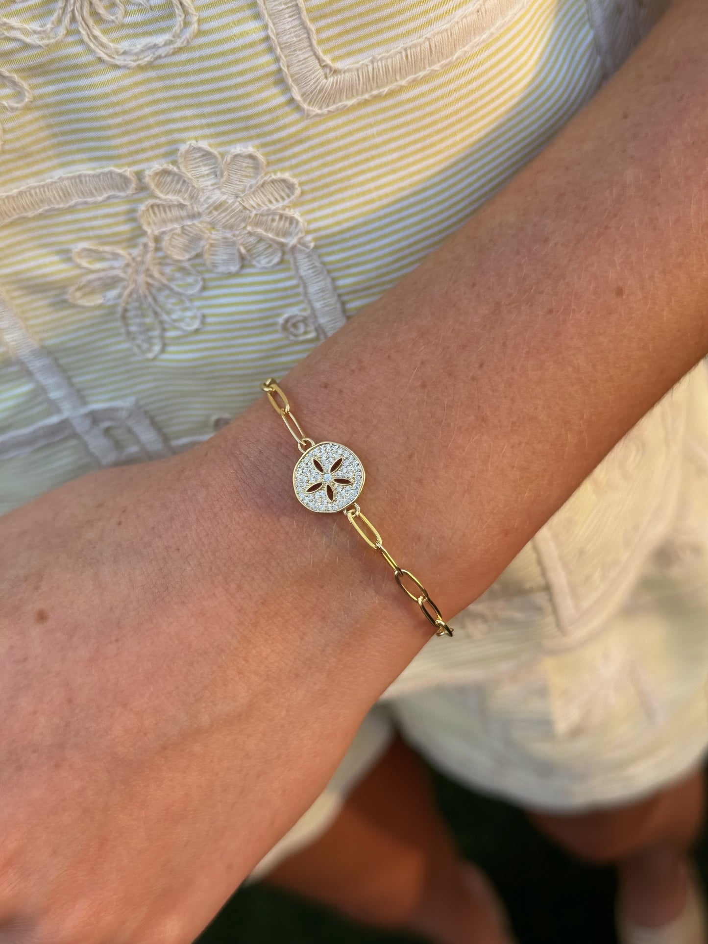 Gold Sand Dollar Bracelet | Adjustable Beach Charm Bracelet | CZ Pave Coastal Jewelry | 18K Gold Plated Slider Bracelet Gift for Her