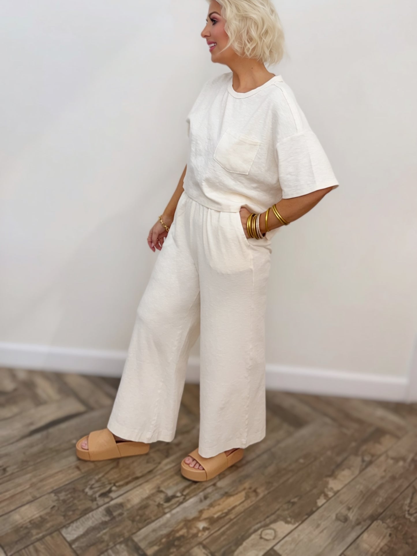 Cream Wide-Leg Lounge Pants | Elastic Waist Relaxed Fit Pants