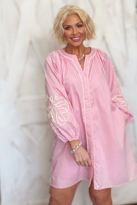 The Sunday Brunch Embroidered Sleeve Baby Doll Button Down Mini Dress