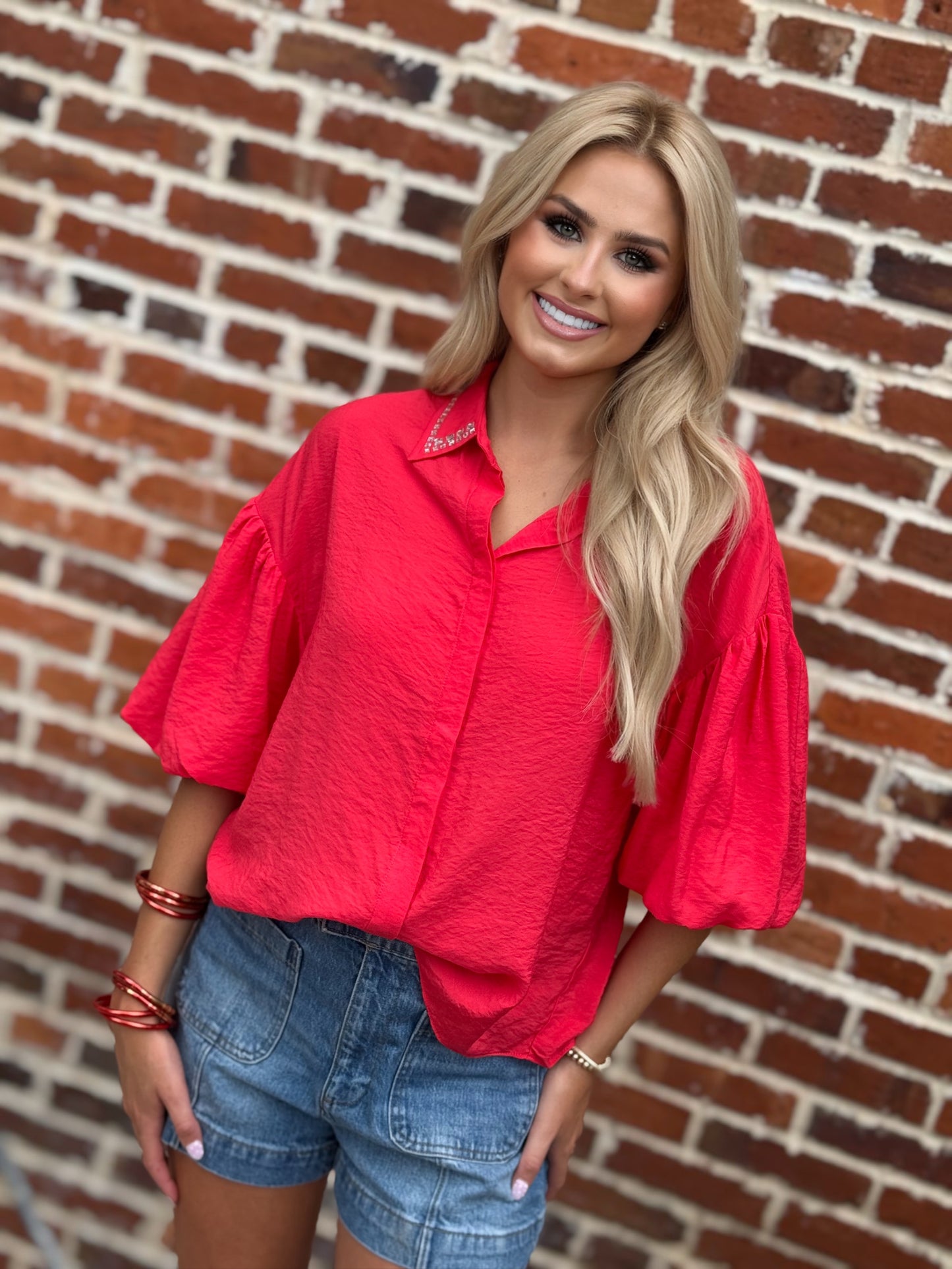 Too Too Hot Red Spark Rhinestone-Collar Blouse