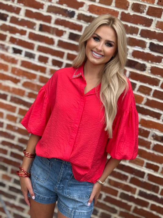 Too Too Hot Red Spark Rhinestone-Collar Blouse