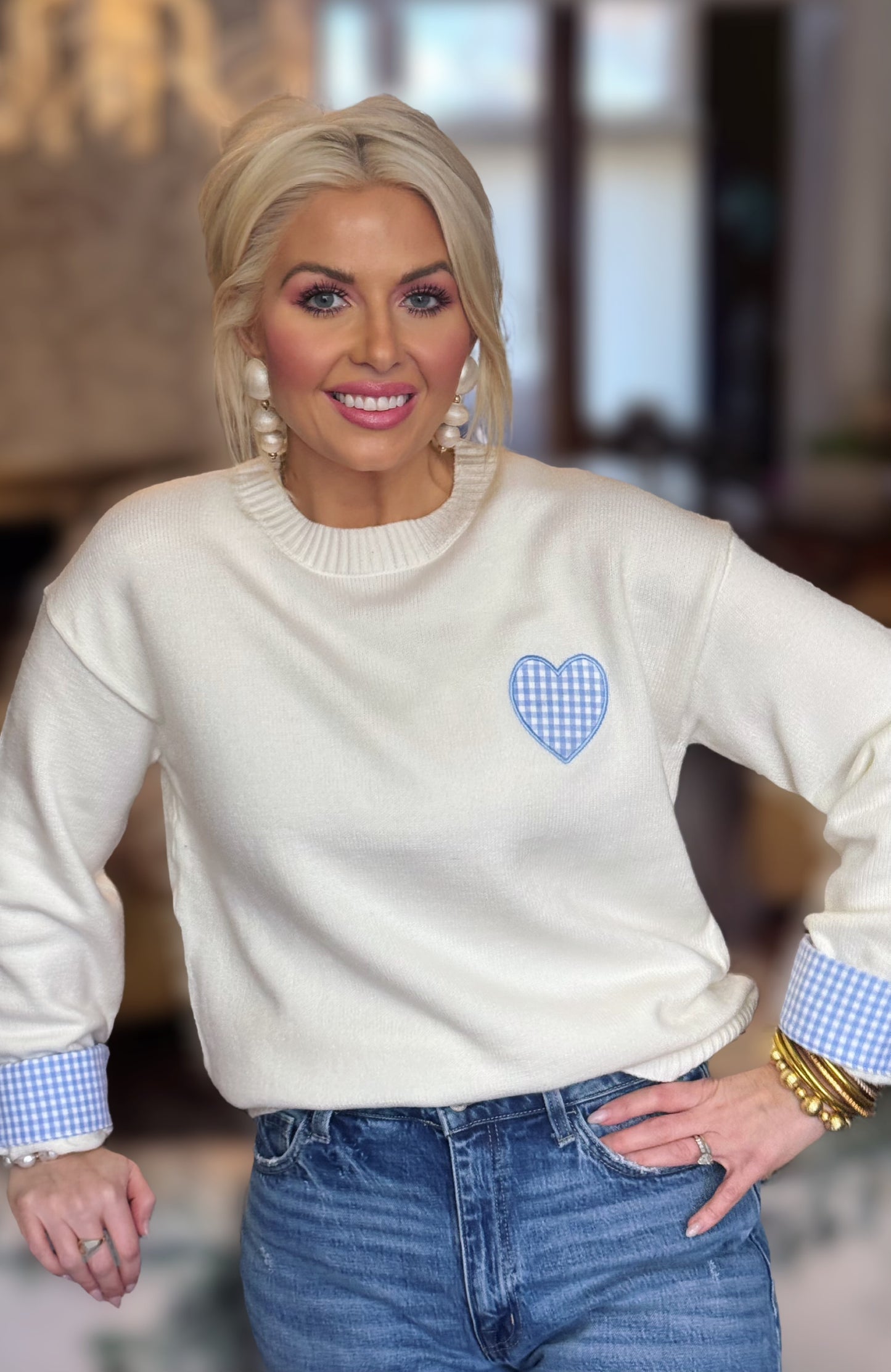 Sweetheart Edit: Plaid Heart Patch Drop Shoulder Crew Neck Sweater
