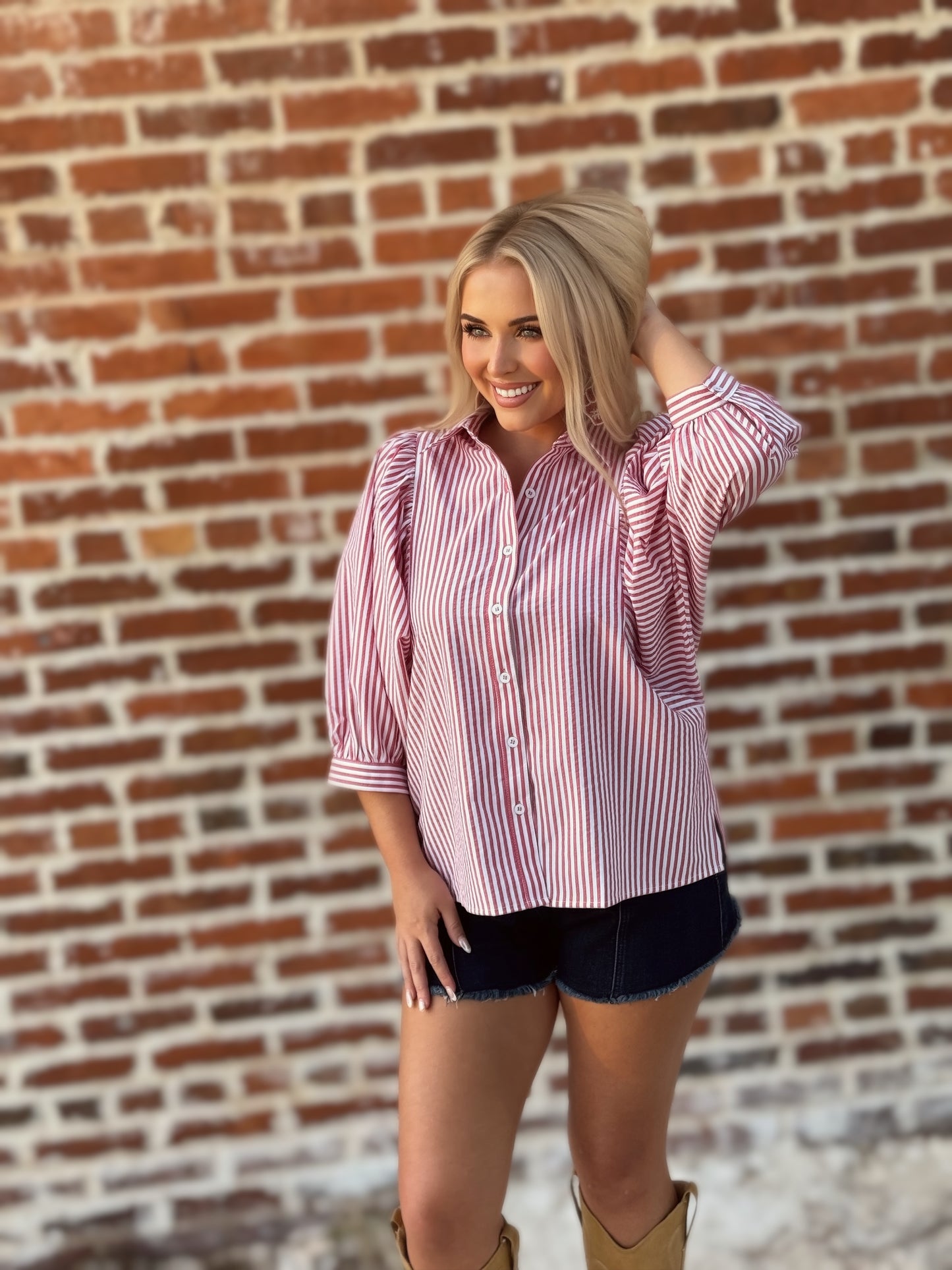 Crimson Charm Striped Puff-Sleeve Blouse