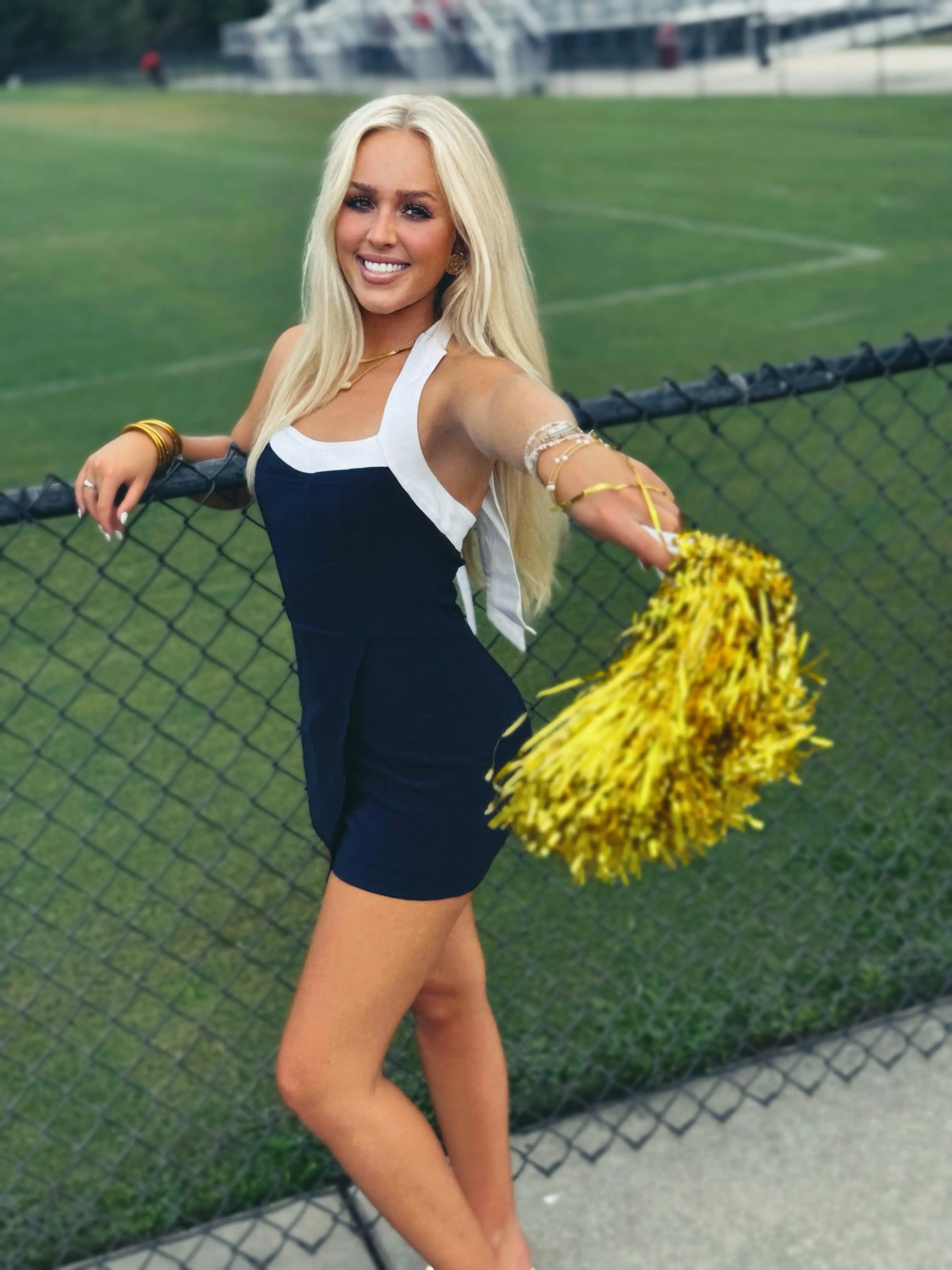 Navy & White Game Day Halter Tie Romper BABY PINK