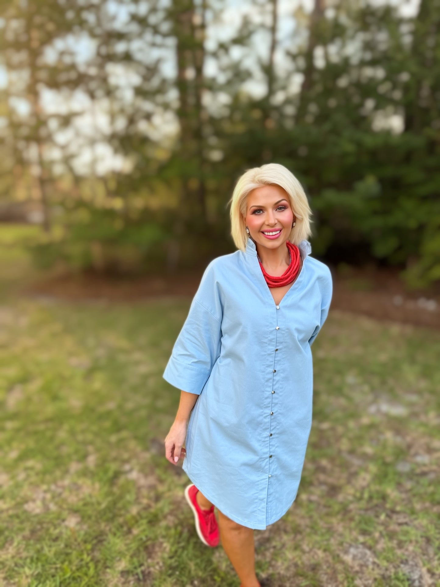 Southern Skies Blue Ruffle Collar Shirt Dress