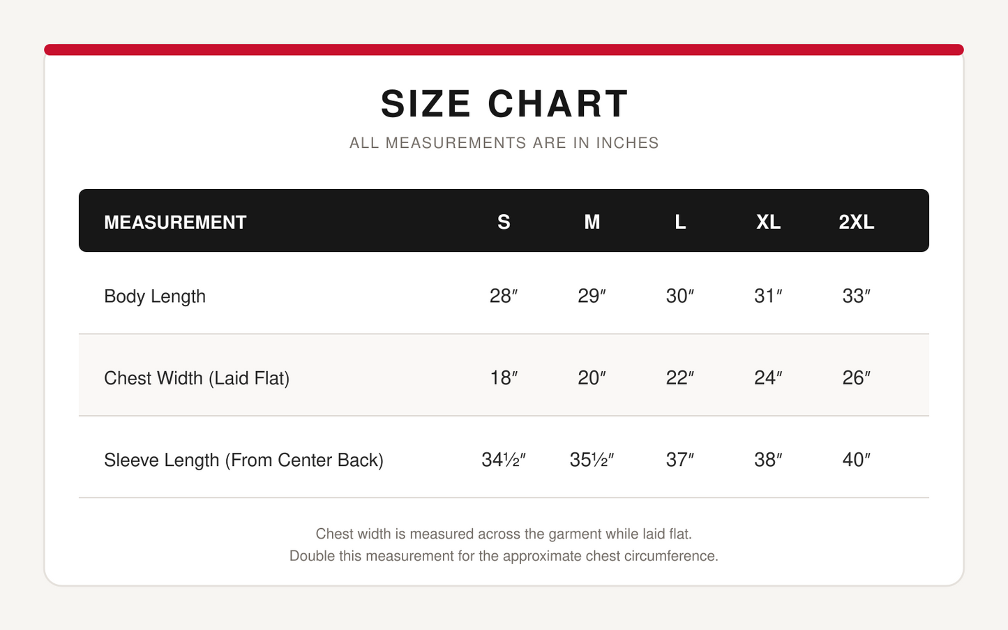 A size chart table showing measurements in inches for S, M, L, XL, and 2XL sizes. The chart includes body length, chest width laid flat, and sleeve length from the center back, with a black header and white background.
