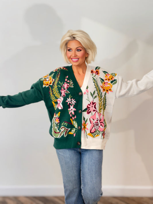 Willow Forest Green & White Floral Color Block Cardigan
