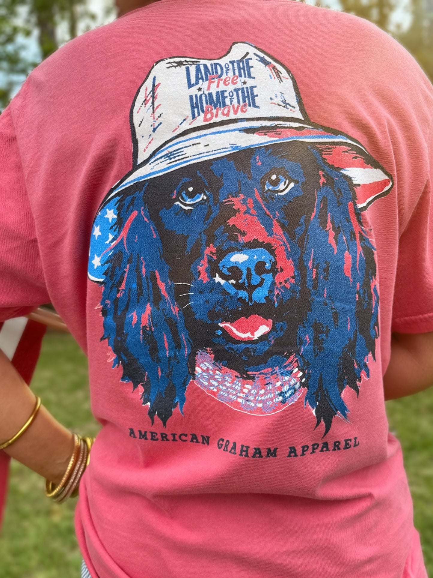 Land of the Free Dog Patriotic Graphic T-Shirt | American Graham Apparel | USA Flag Dog Tee