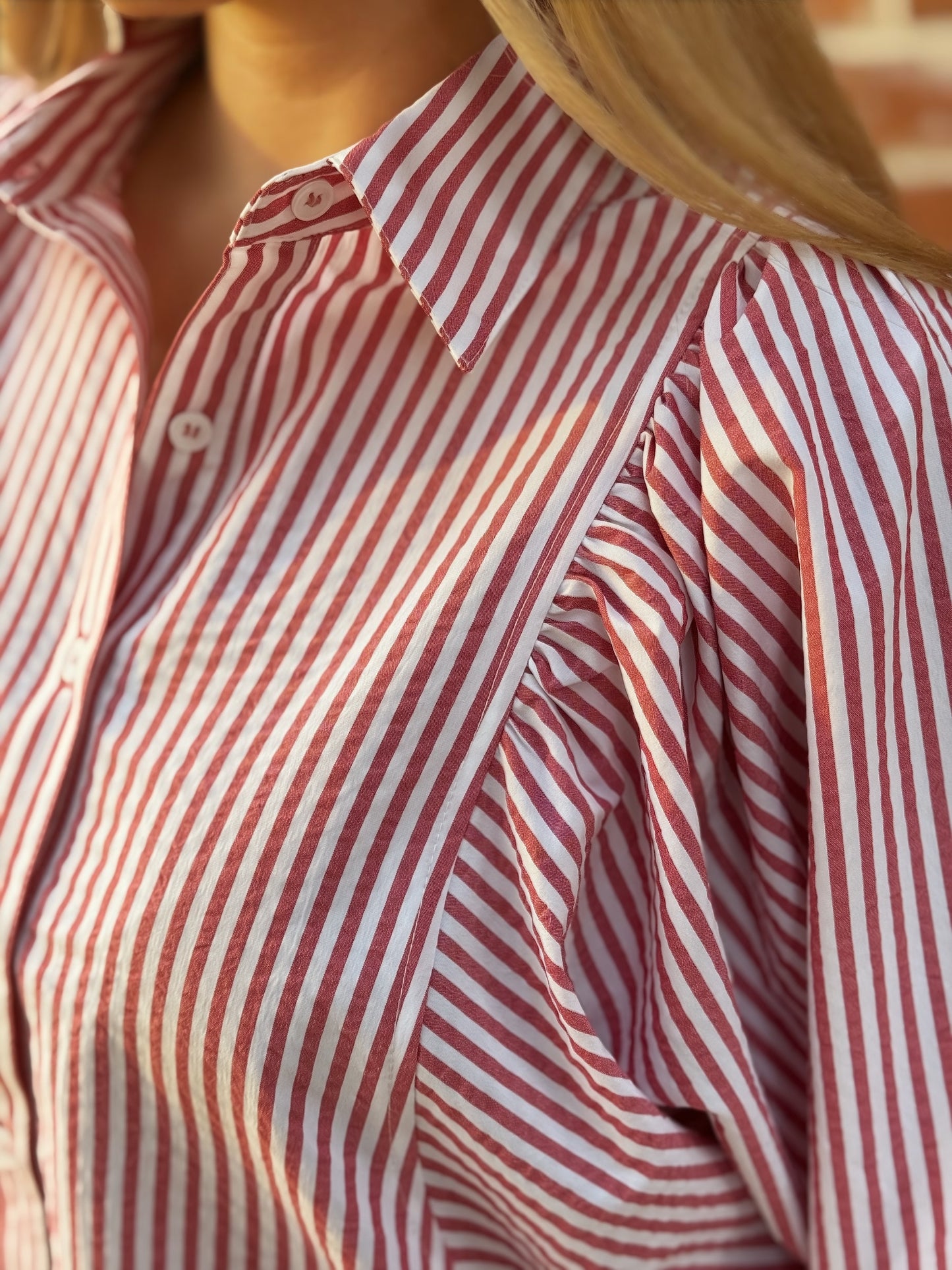 Crimson Charm Striped Puff-Sleeve Blouse