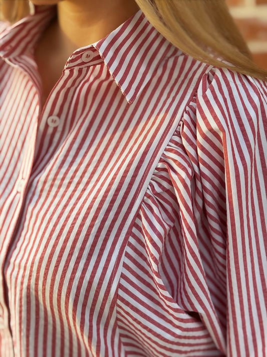 Crimson Charm Striped Puff-Sleeve Blouse