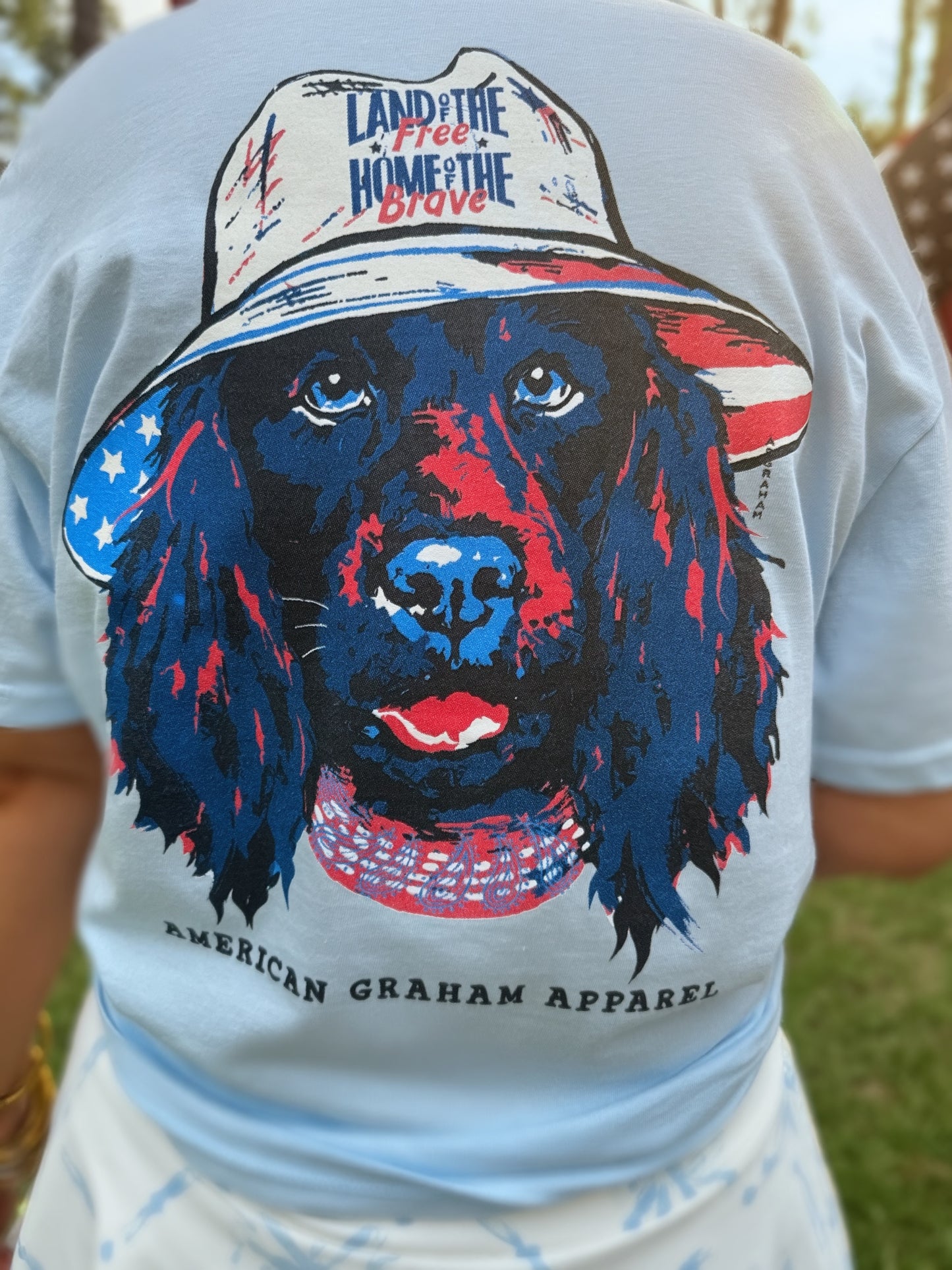 Land of the Free Dog Patriotic Graphic T-Shirt | American Graham Apparel | USA Flag Dog Tee