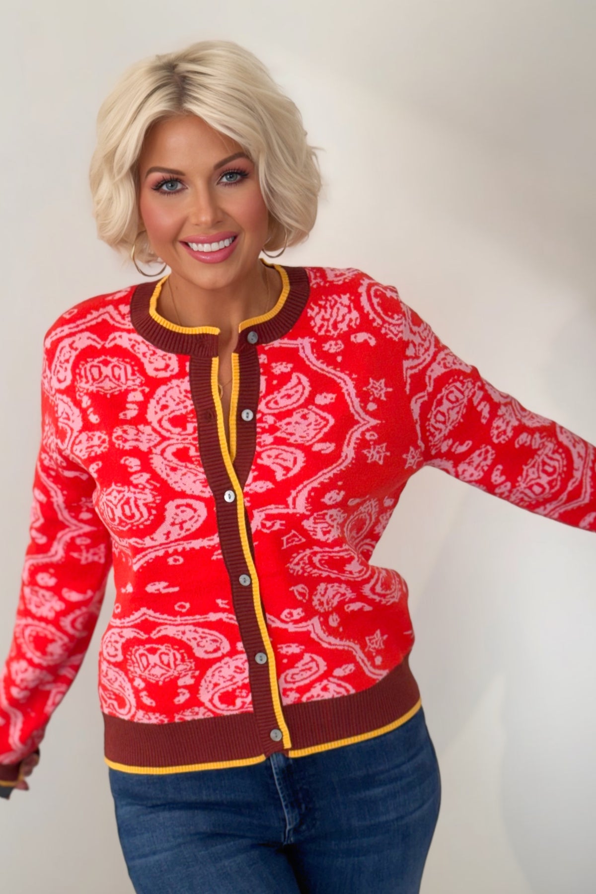 Poppy Red Paisley Knit Button-Down Cardigan Sweater